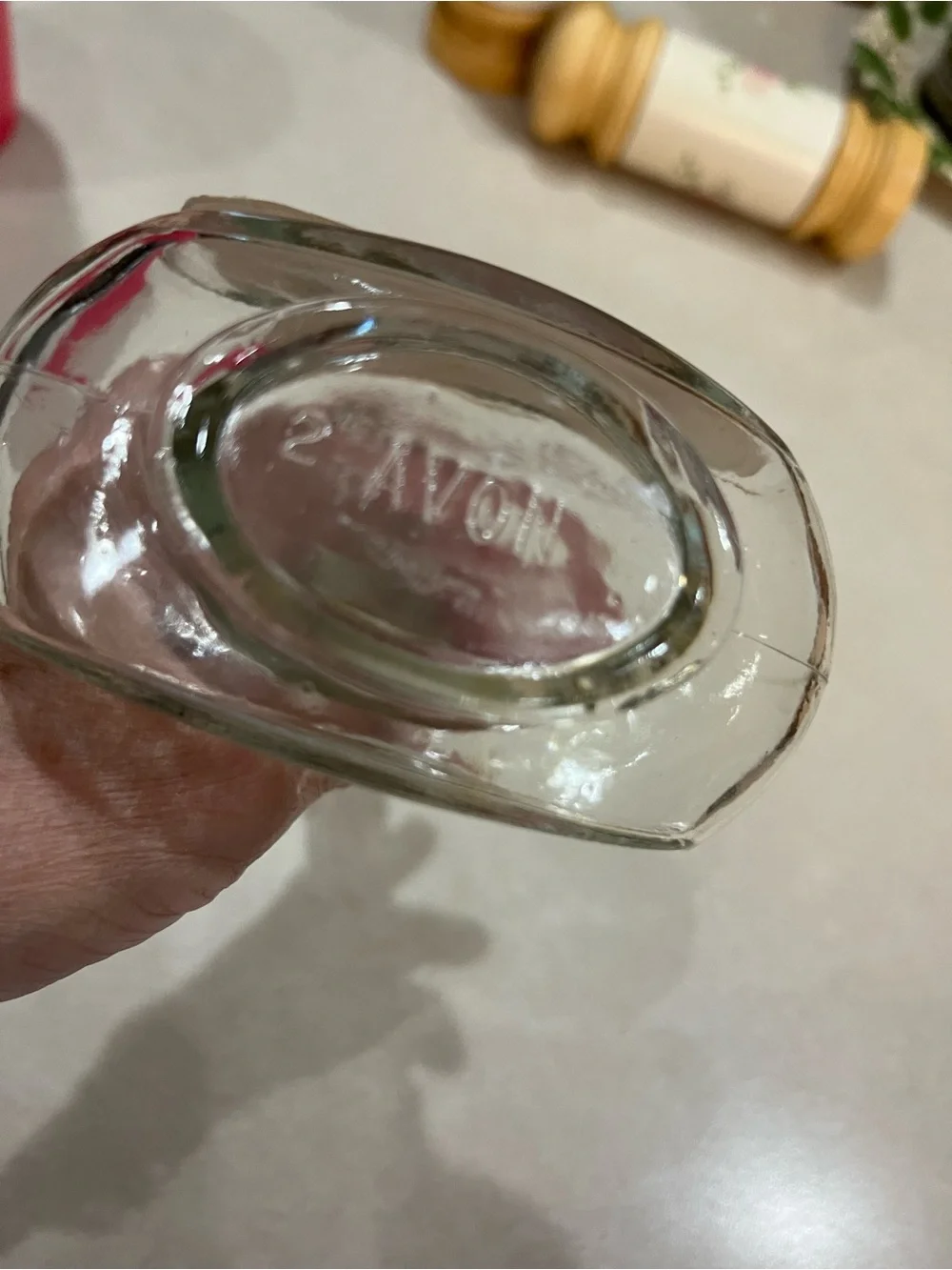 Avon Clear Glass Bud Vase with Pink Label and Multicolor Accent
